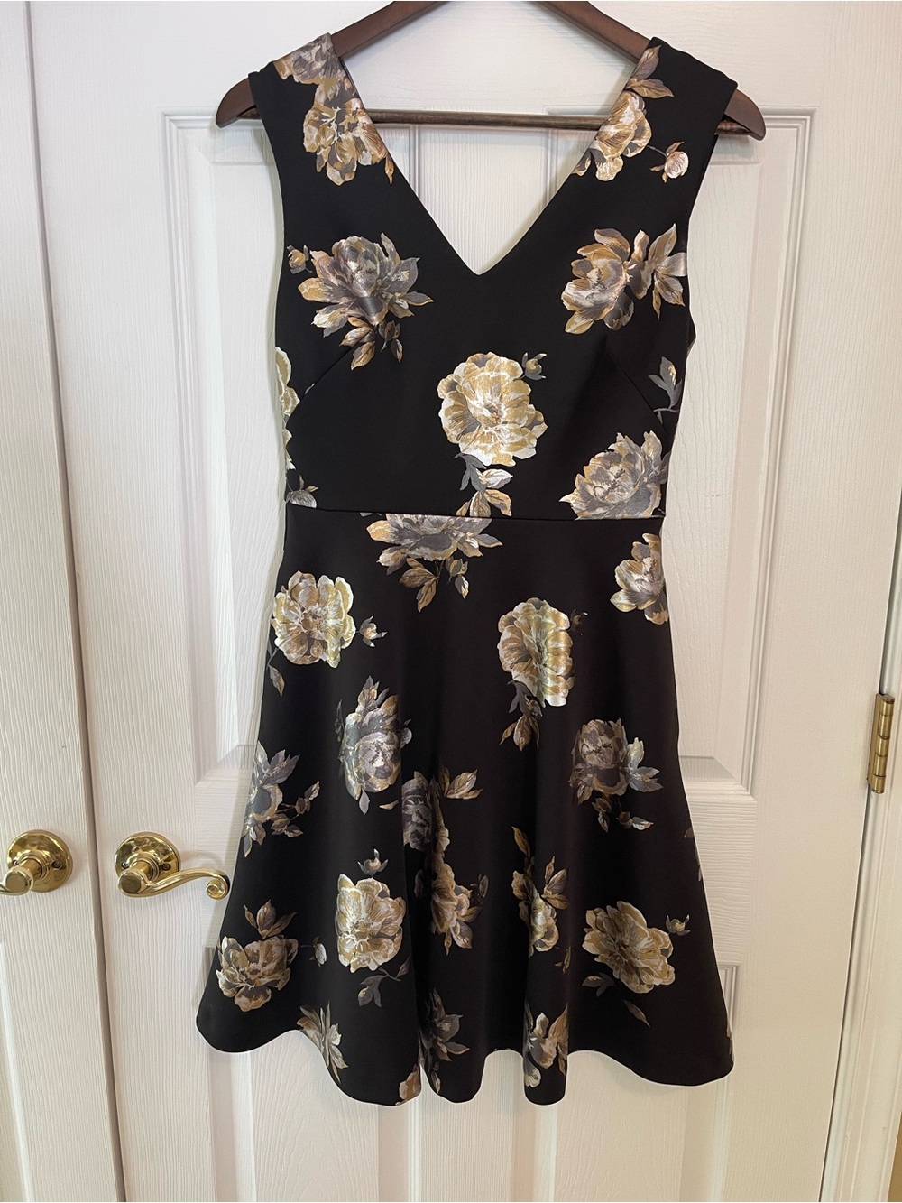 White House Black Market Black Dress with Gold and Silver Floral